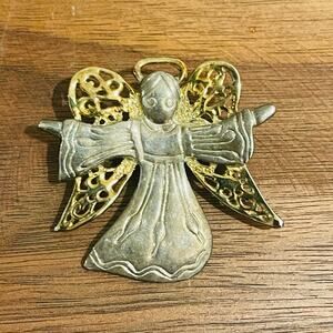 Vintage Metal Angel Pin / Pendant Gold and Silver Tone 2 x 2”